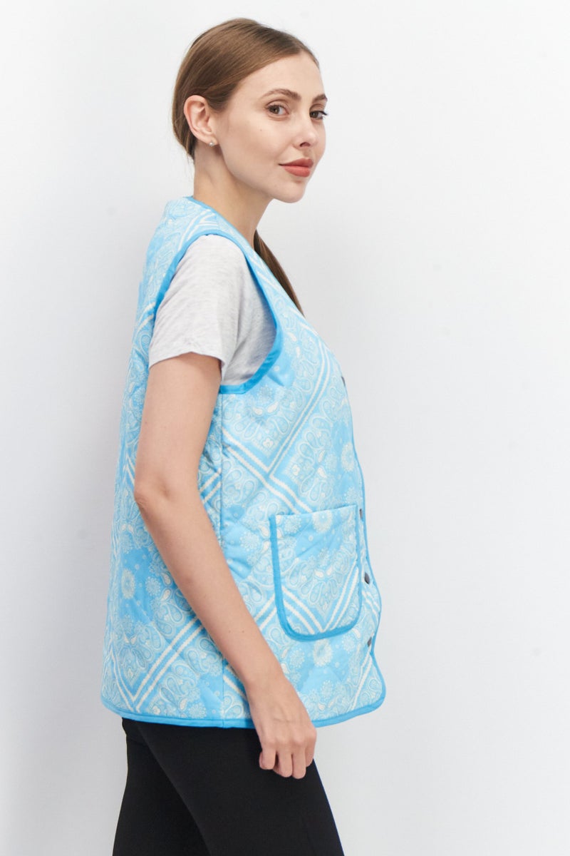 Native Youth Women V-Neck Paisley Pattern Sleeveless Vest, Turquoise - Image 2